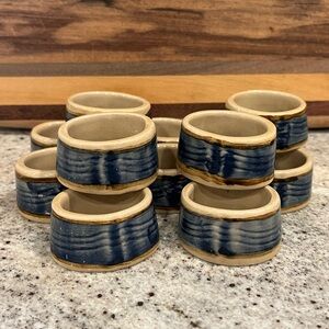 Vintage 1970s Stoneware Napkin Ring Holders - Set of 12 - Hand Painted, Handmade